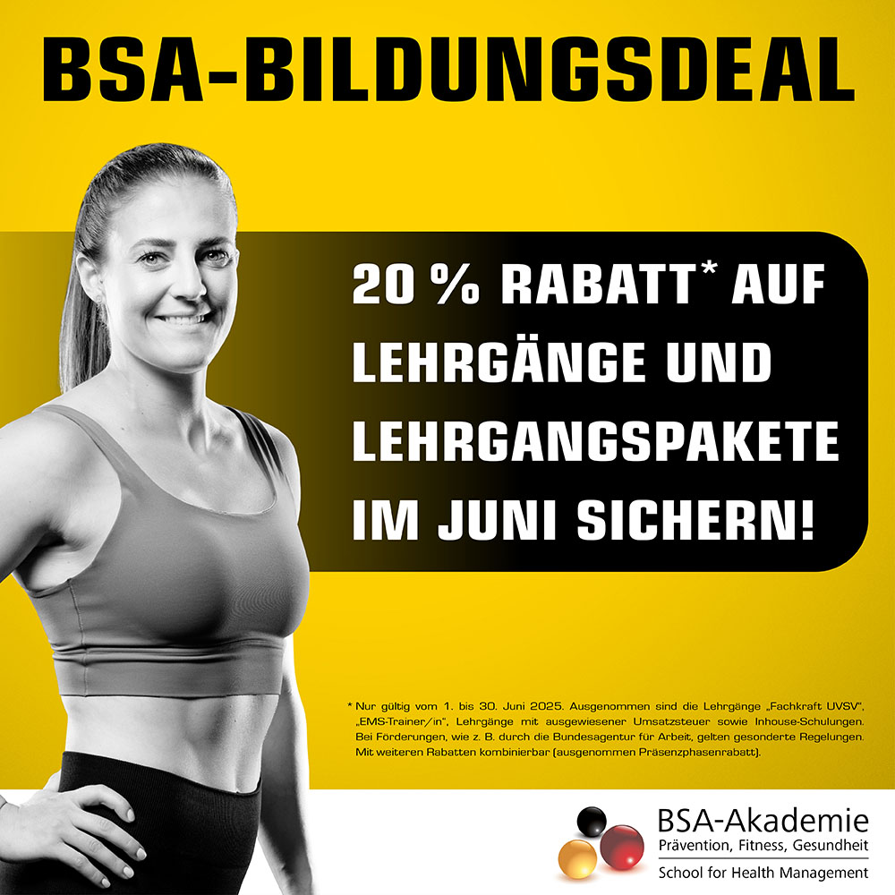 Foto Trainierende mit Hinweise auf 20 Prozent Rabatt auf BSA-Lehrgänge/-Lehrgangspakete im Juni 2025